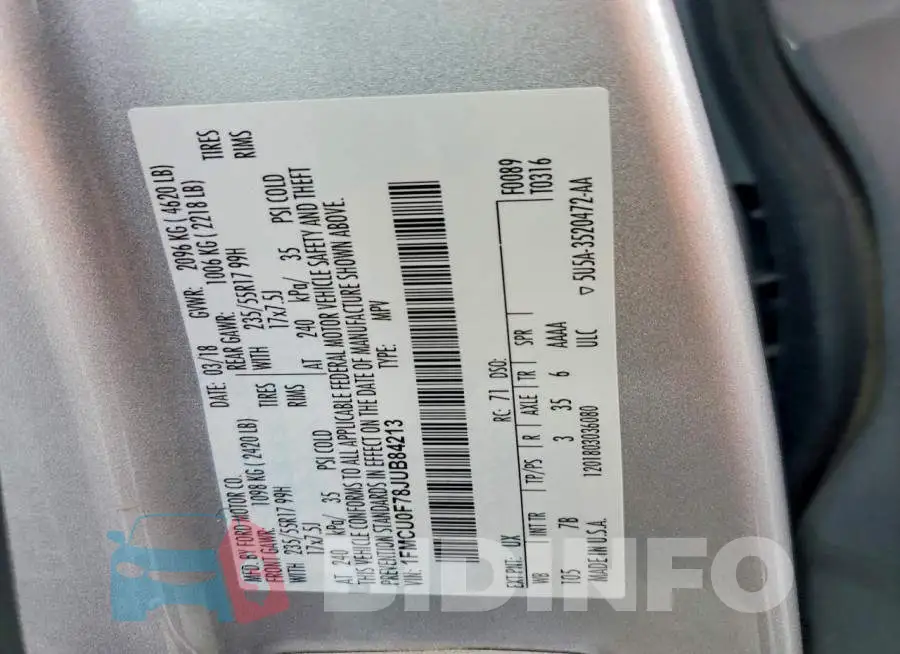 1FMCU0F78JUB84213 Photo# 13