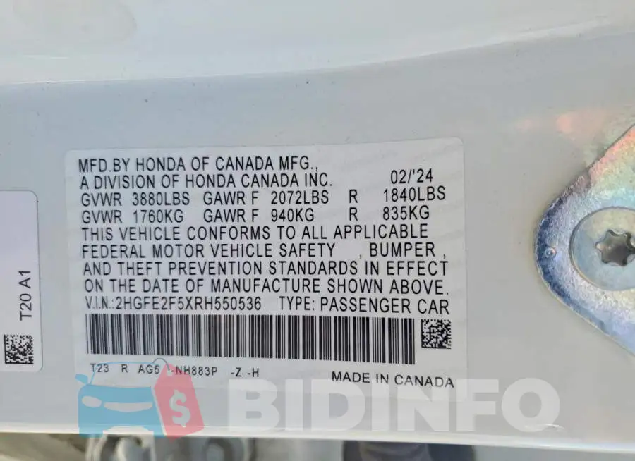 2HGFE2F5XRH550536 Photo# 12