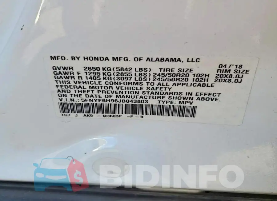 5FNYF6H96JB043803 Photo# 13