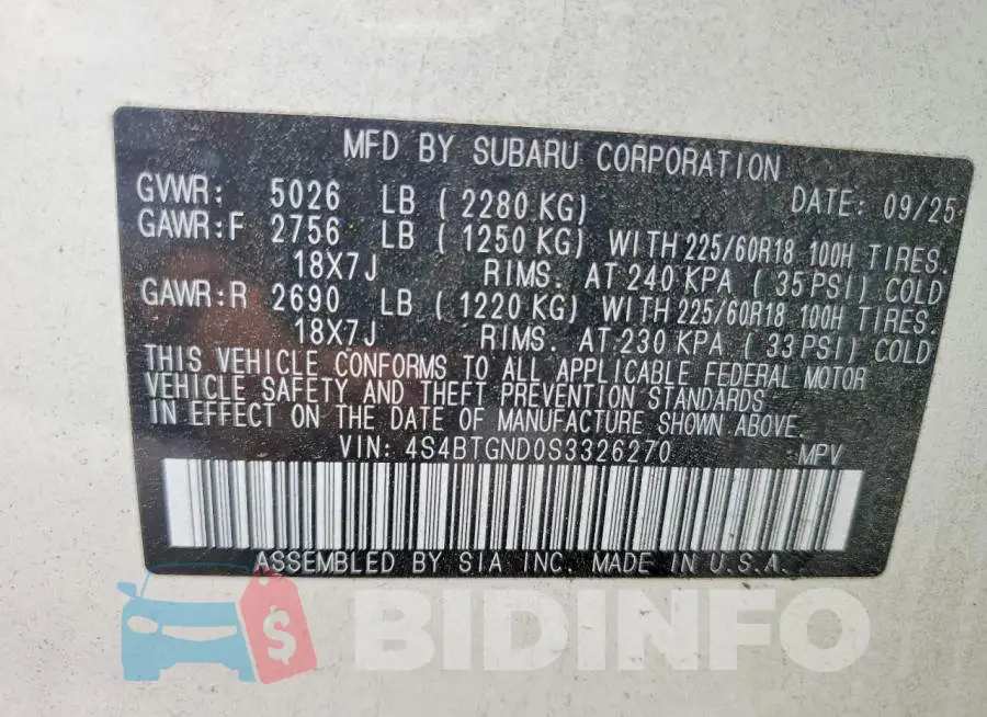 4S4BTGND0S3326270 Photo# 13