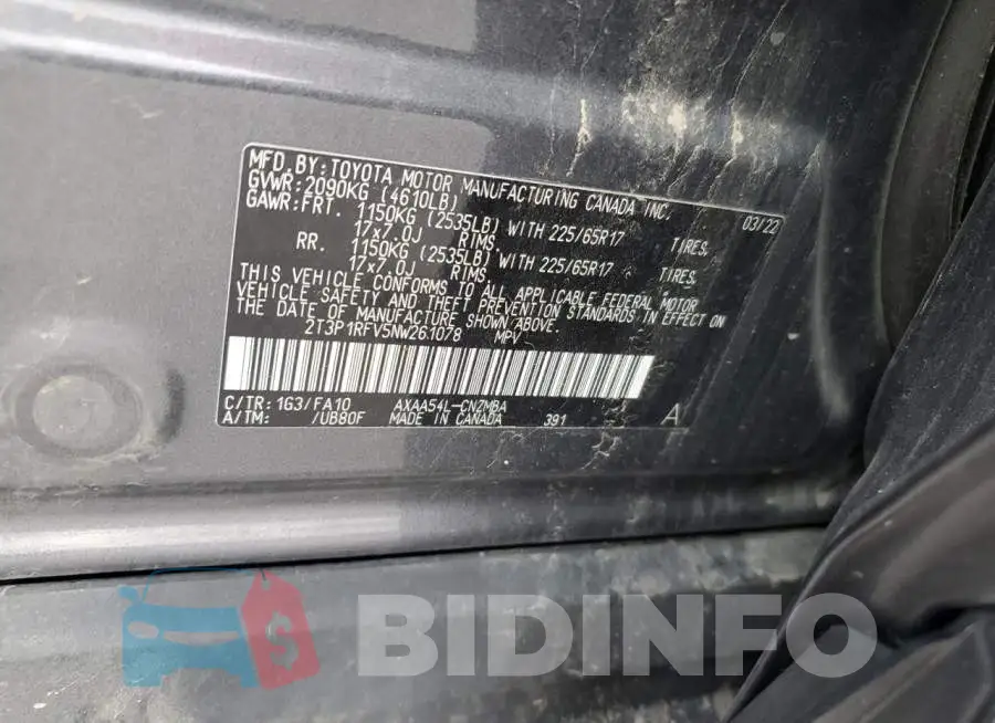 2T3P1RFV5NW261078 Photo# 13