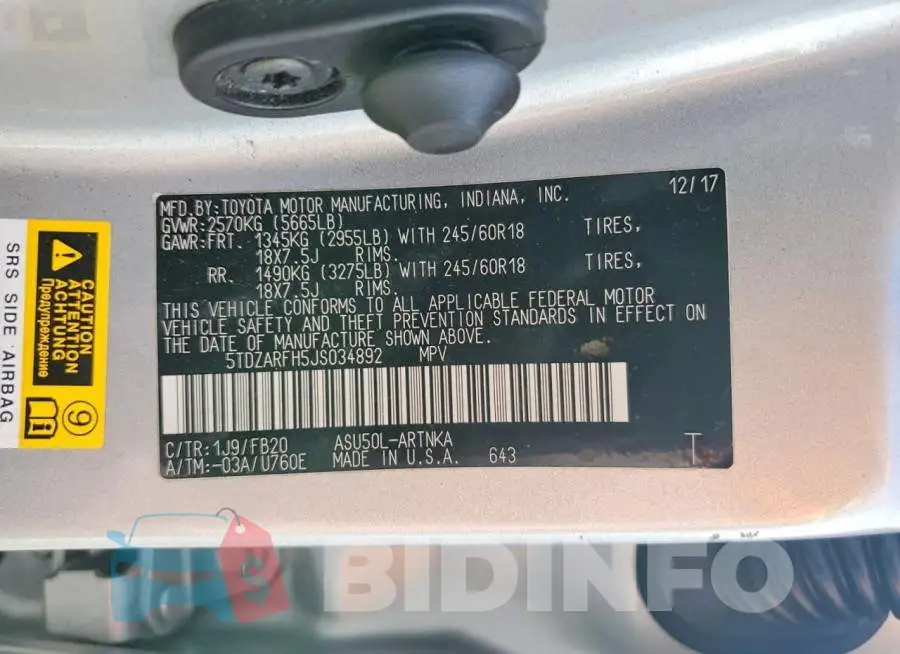 5TDZARFH5JS034892 Photo# 14