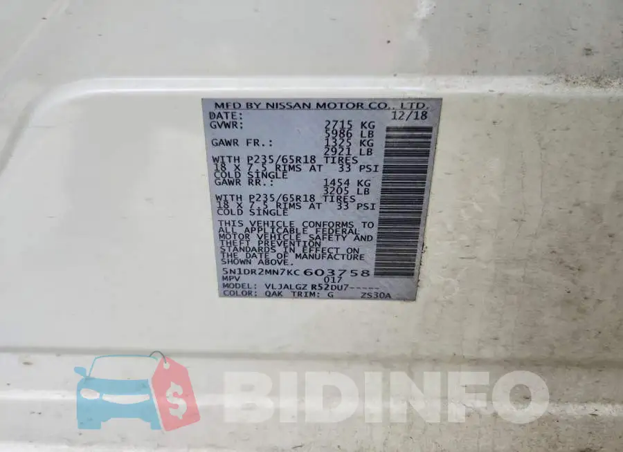 5N1DR2MN7KC603758 Photo# 13