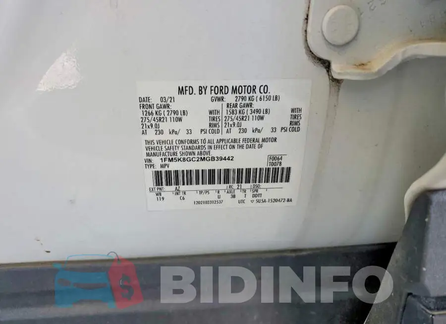 1FM5K8GC2MGB39442 Photo# 12