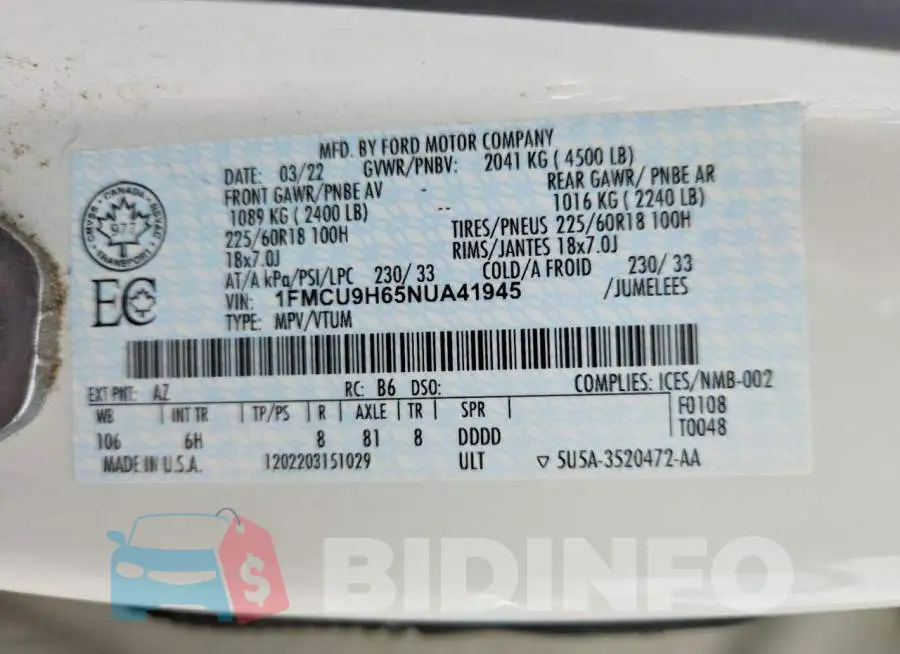 1FMCU9H65NUA41945 Photo# 13