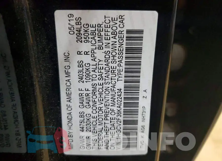 1HGCV2F36KA022434 Photo# 12
