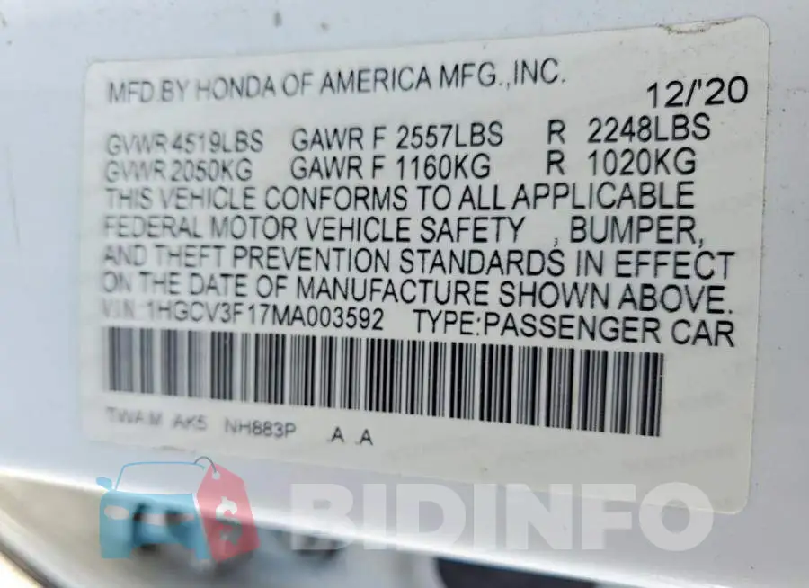1HGCV3F17MA003592 Photo# 12