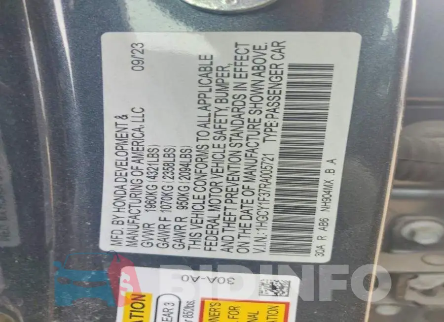 1HGCY1F37RA005721 Photo# 12