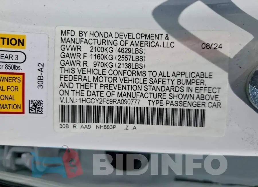 1HGCY2F59RA090777 Photo# 13