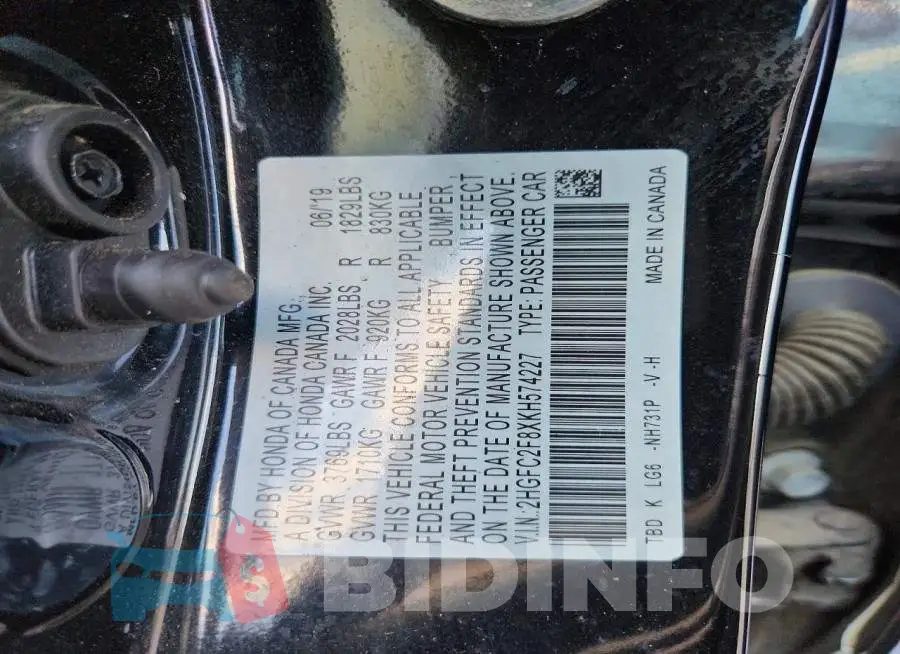 2HGFC2F8XKH574227 Photo# 13