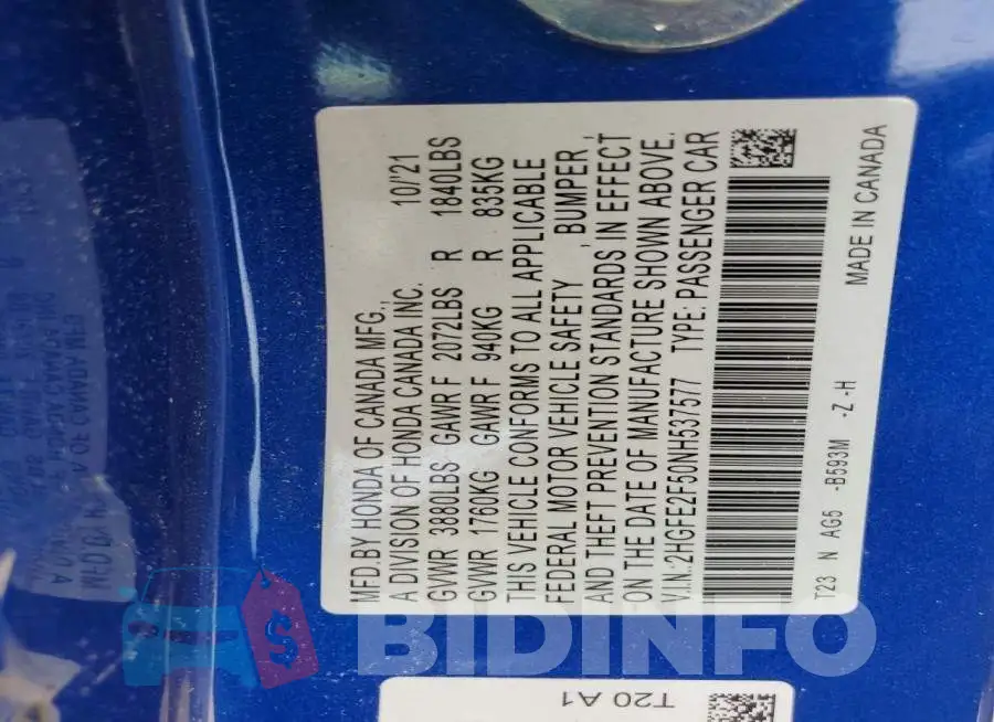 2HGFE2F50NH537577 Photo# 12