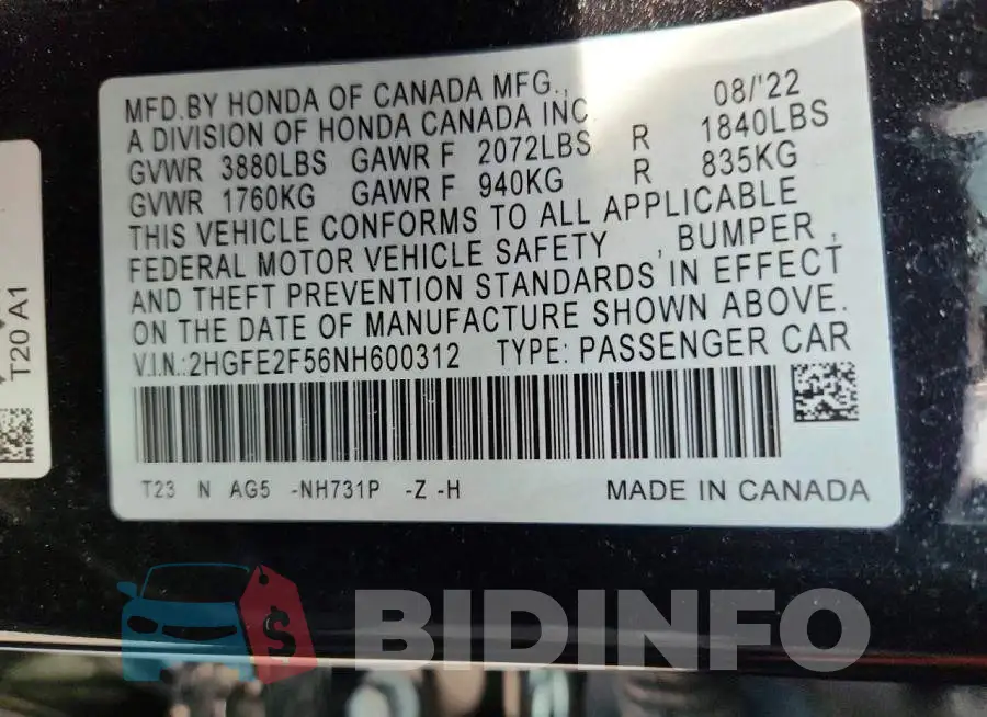 2HGFE2F56NH600312 Photo# 12