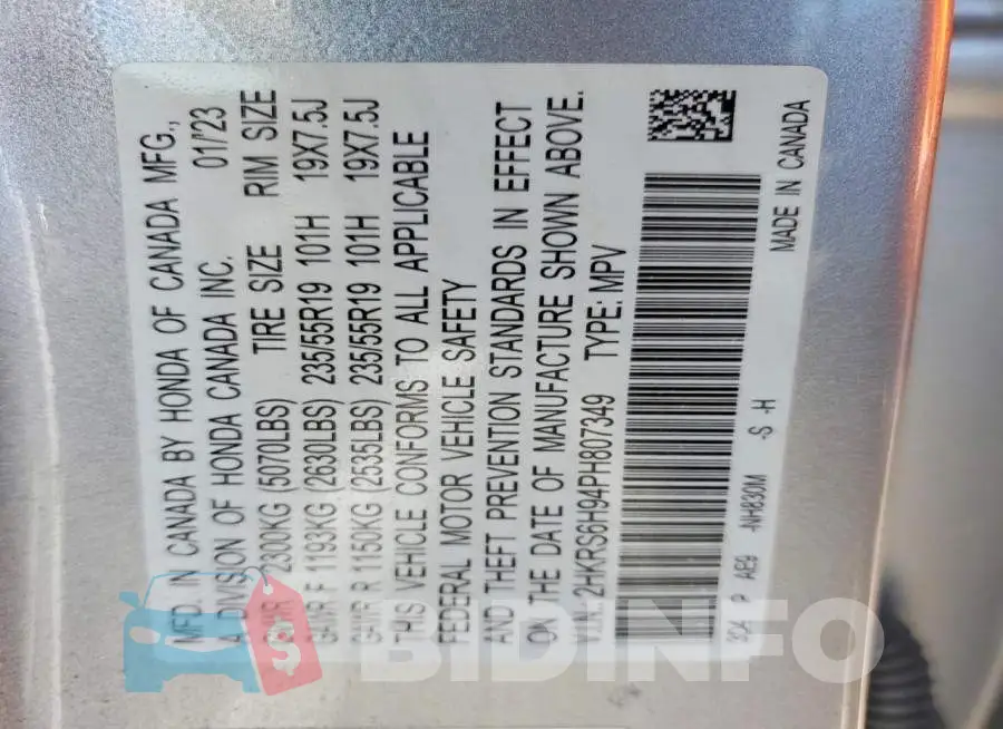 2HKRS6H94PH807349 Photo# 14