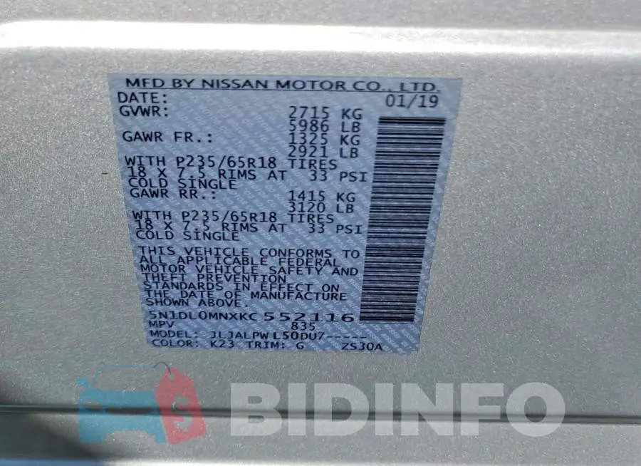 5N1DL0MNXKC552116 Photo# 14