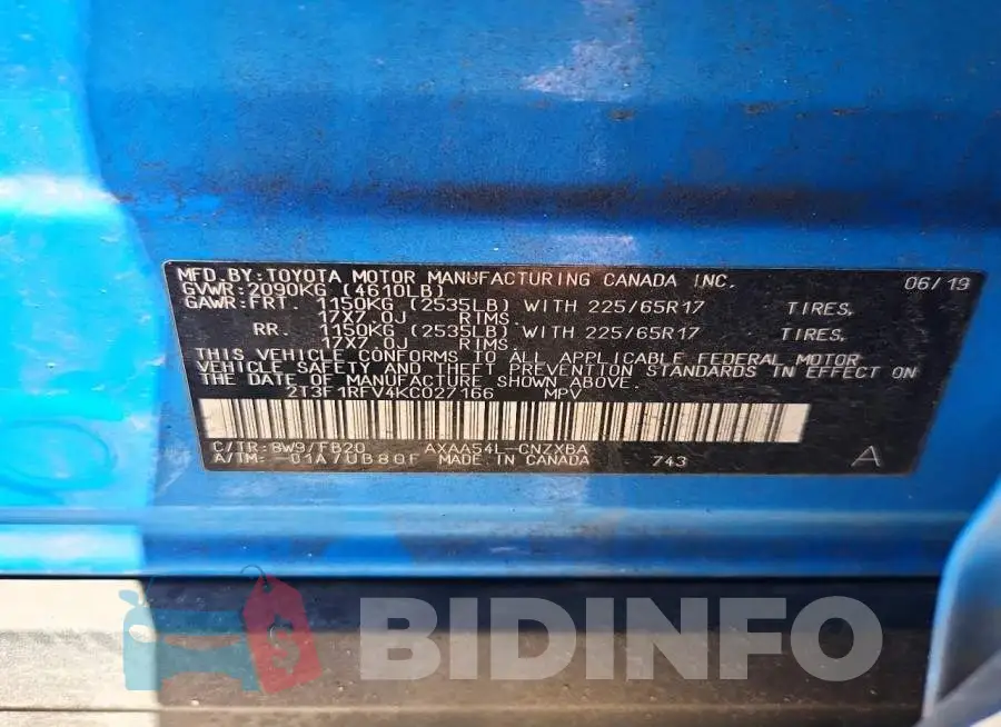 2T3F1RFV4KC027166 Photo# 12
