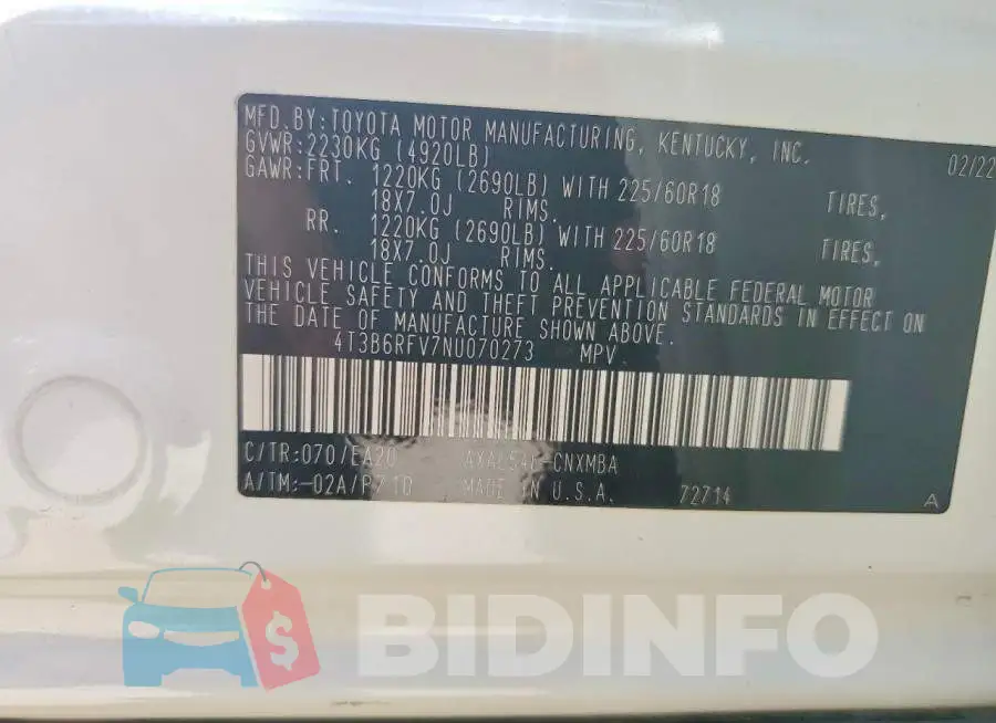 4T3B6RFV7NU070273 Photo# 14