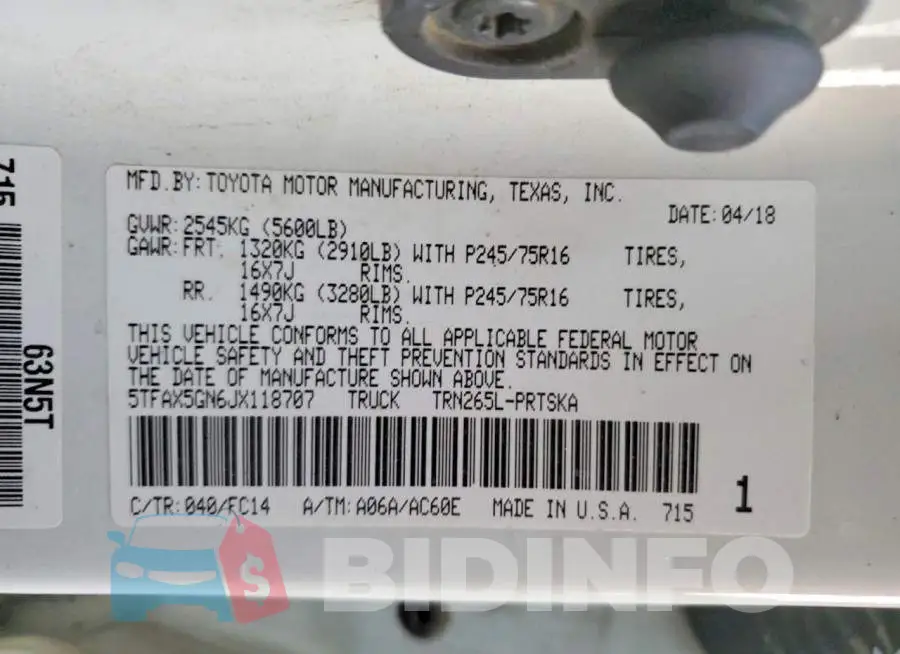 5TFAX5GN6JX118707 Photo# 12