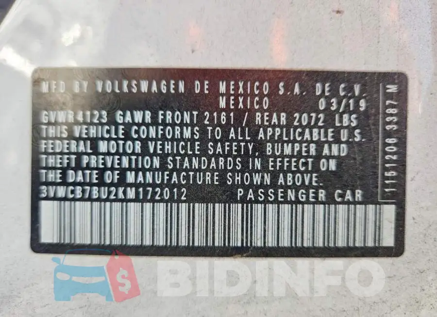 3VWCB7BU2KM172012 Photo# 13