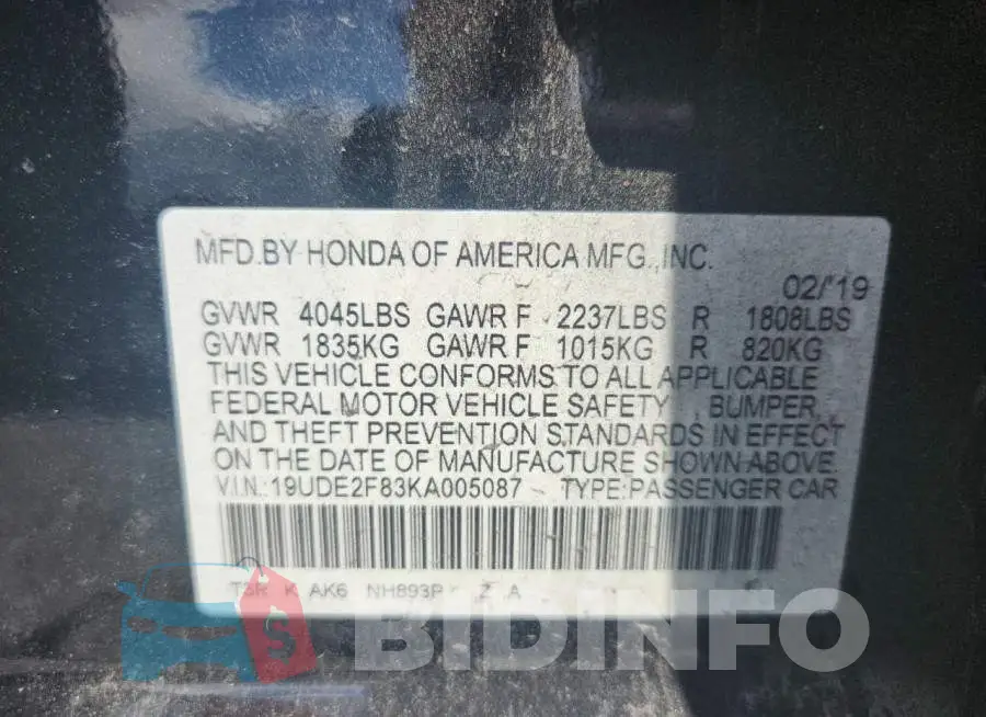 19UDE2F83KA005087 Photo# 12