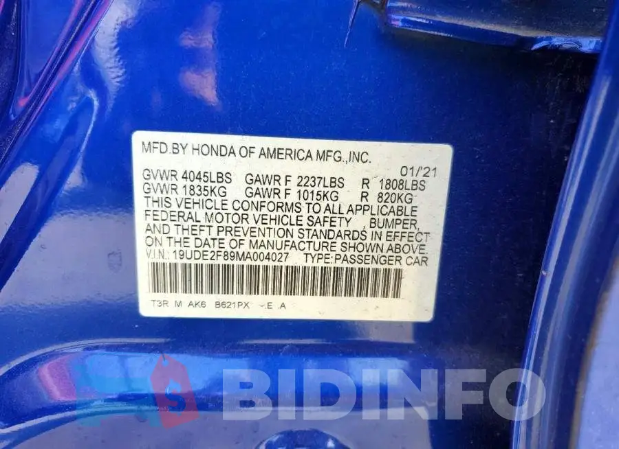 19UDE2F89MA004027 Photo# 13