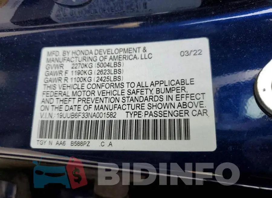 19UUB6F33NA001582 Photo# 12