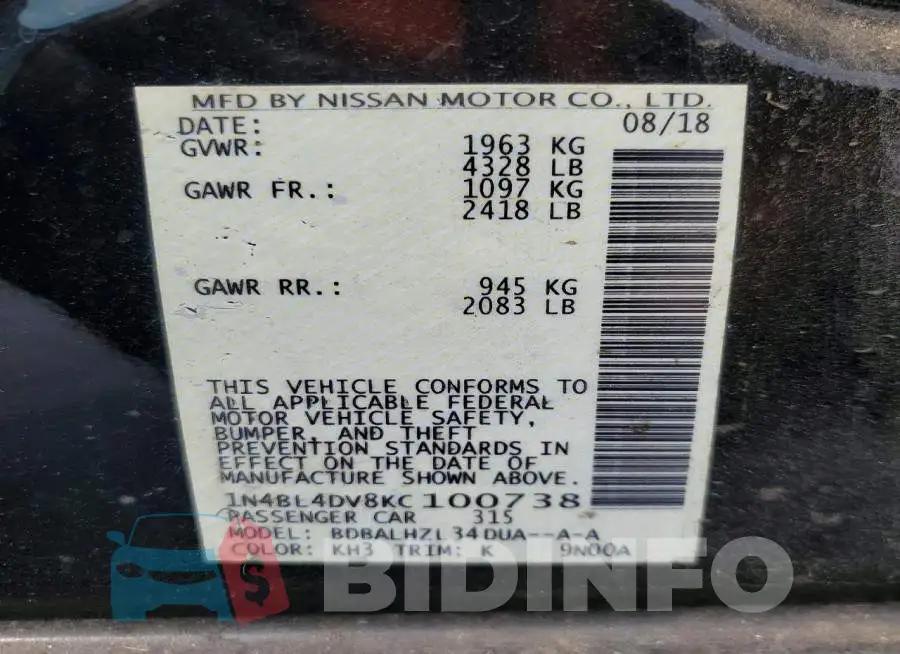 1N4BL4DV8KC100738 Photo# 13
