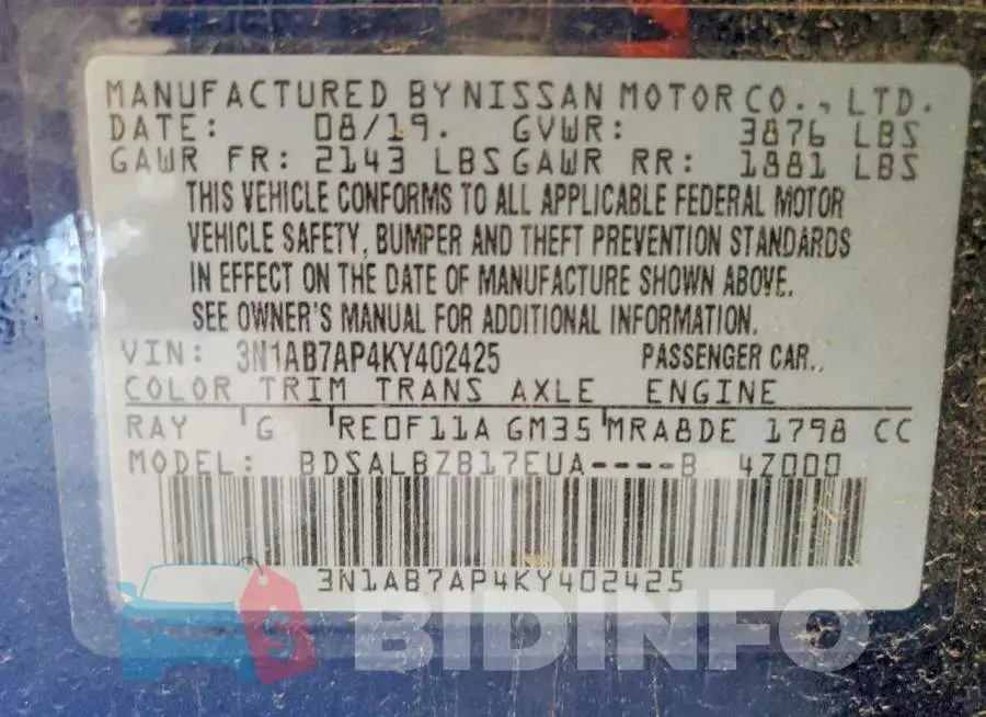 3N1AB7AP4KY402425 Photo# 12