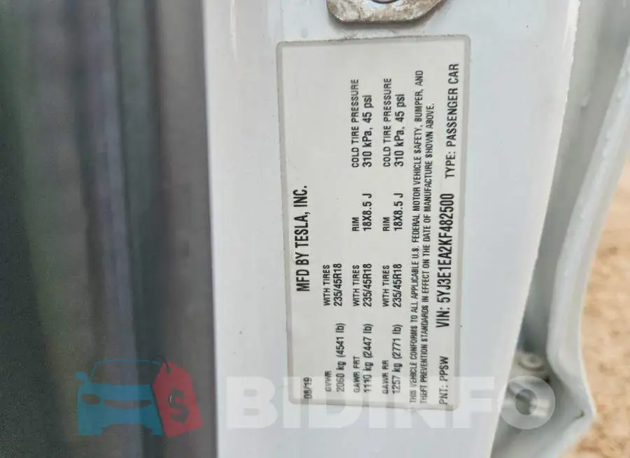 5YJ3E1EA2KF482500 Photo# 12