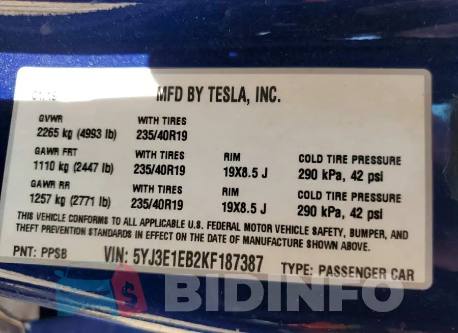 5YJ3E1EB2KF187387 Photo# 12