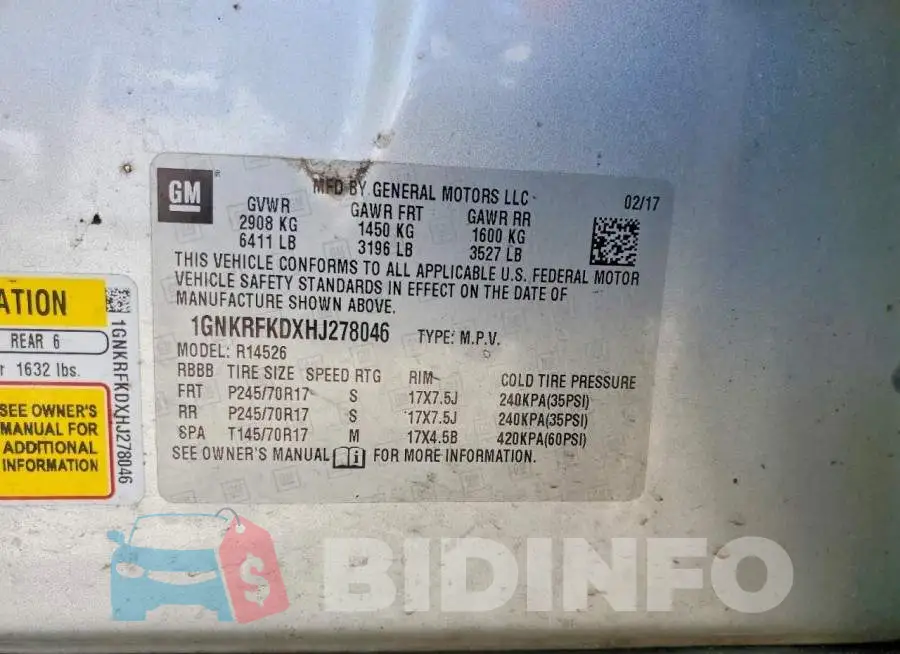 1GNKRFKDXHJ278046 Photo# 14
