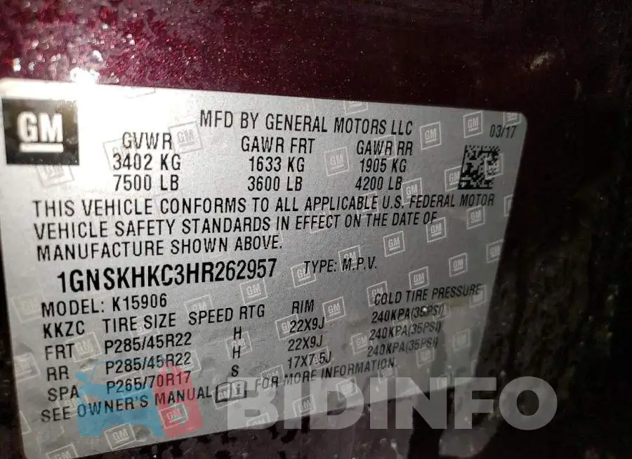 1GNSKHKC3HR262957 Photo# 13