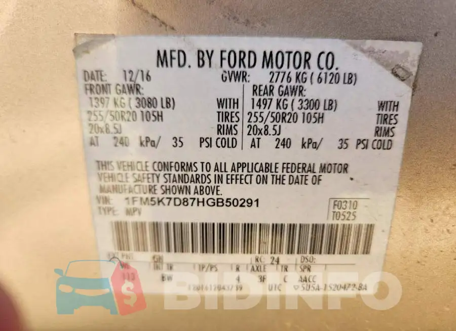 1FM5K7D87HGB50291 Photo# 13