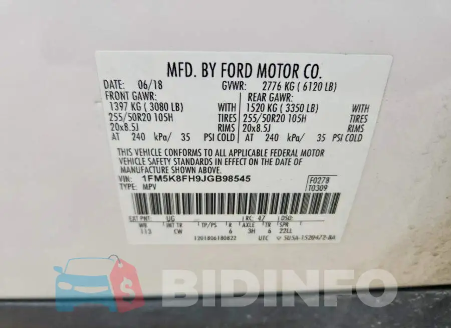 1FM5K8FH9JGB98545 Photo# 14