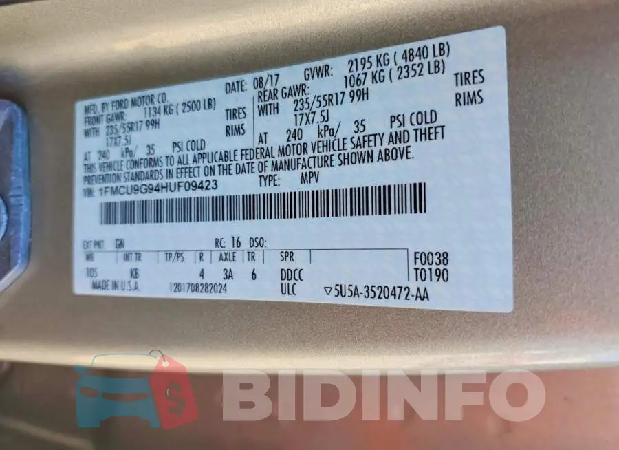 1FMCU9G94HUF09423 Photo# 13