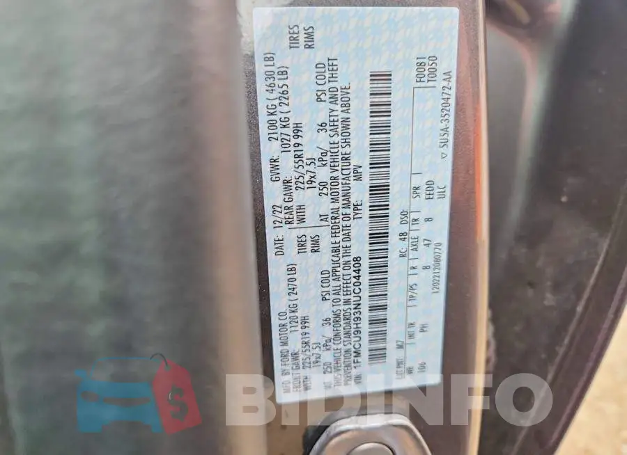 1FMCU9H93NUC04408 Photo# 12