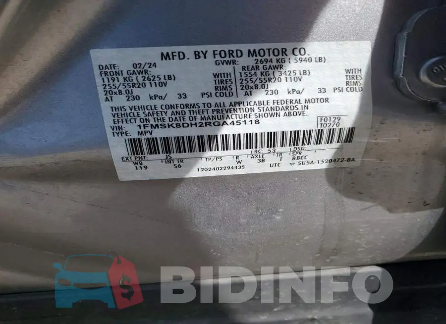 1FMSK8DH2RGA45118 Photo# 13