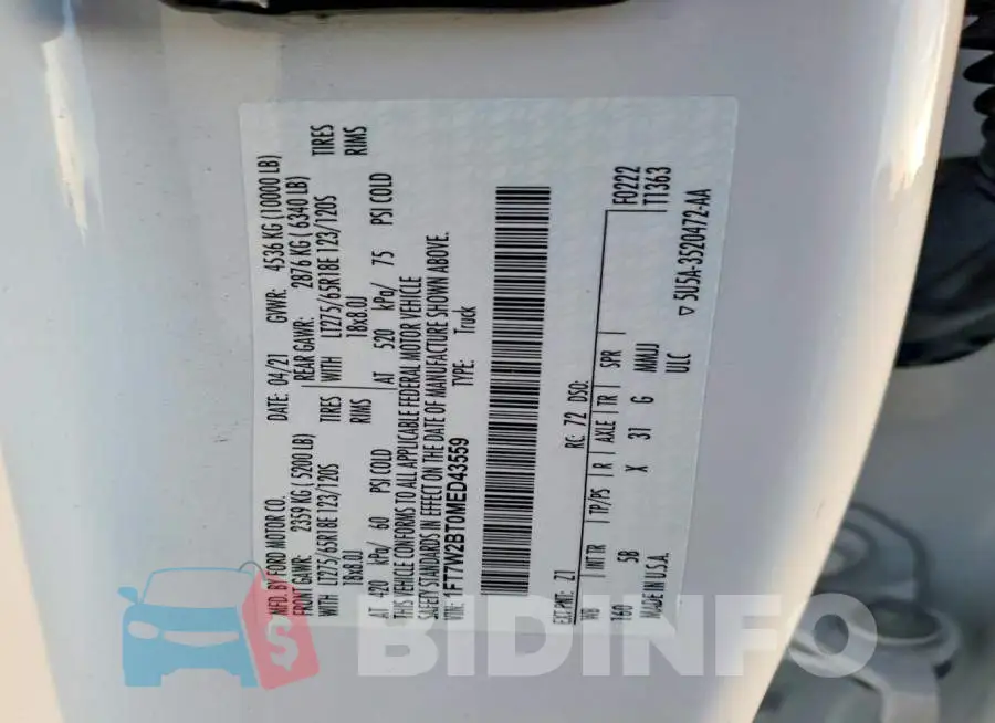 1FT7W2BT0MED43559 Photo# 12