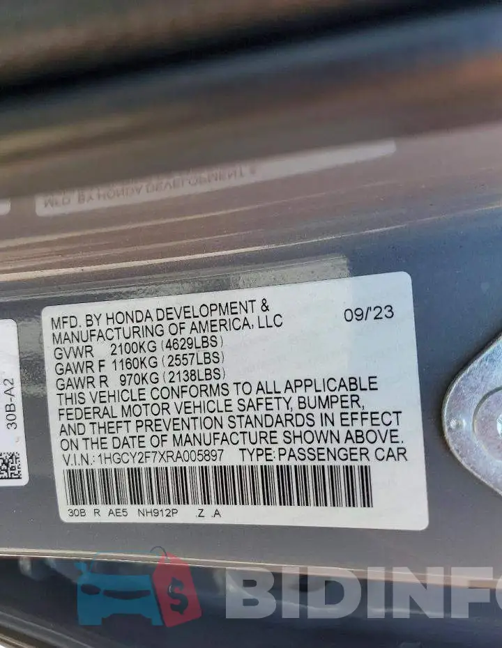 1HGCY2F7XRA005897 Photo# 12
