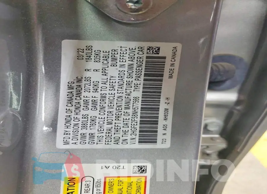 2HGFE2F58NH577566 Photo# 12