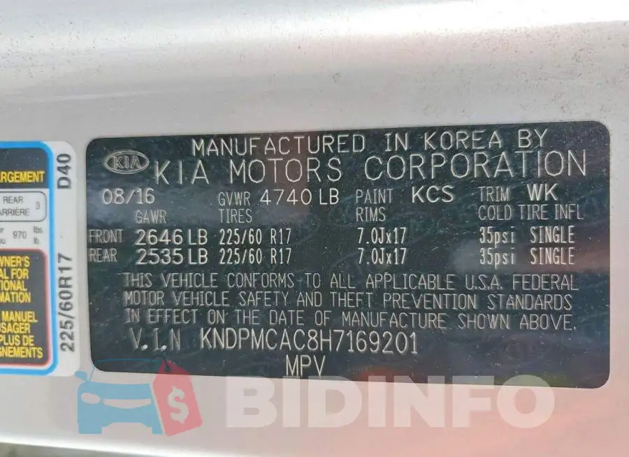 KNDPMCAC8H7169201 Photo# 13