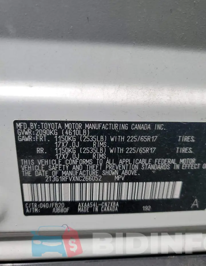 2T3G1RFVXNC266052 Photo# 14