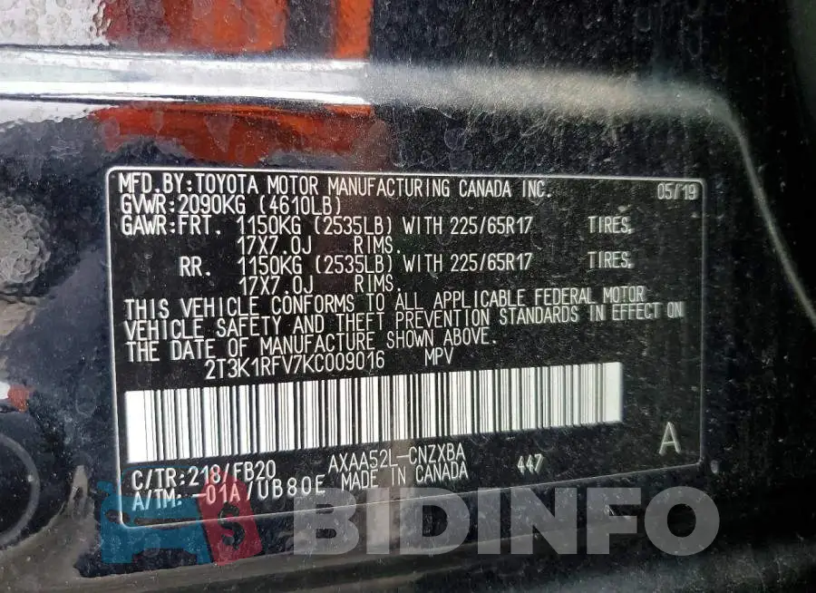 2T3K1RFV7KC009016 Photo# 12