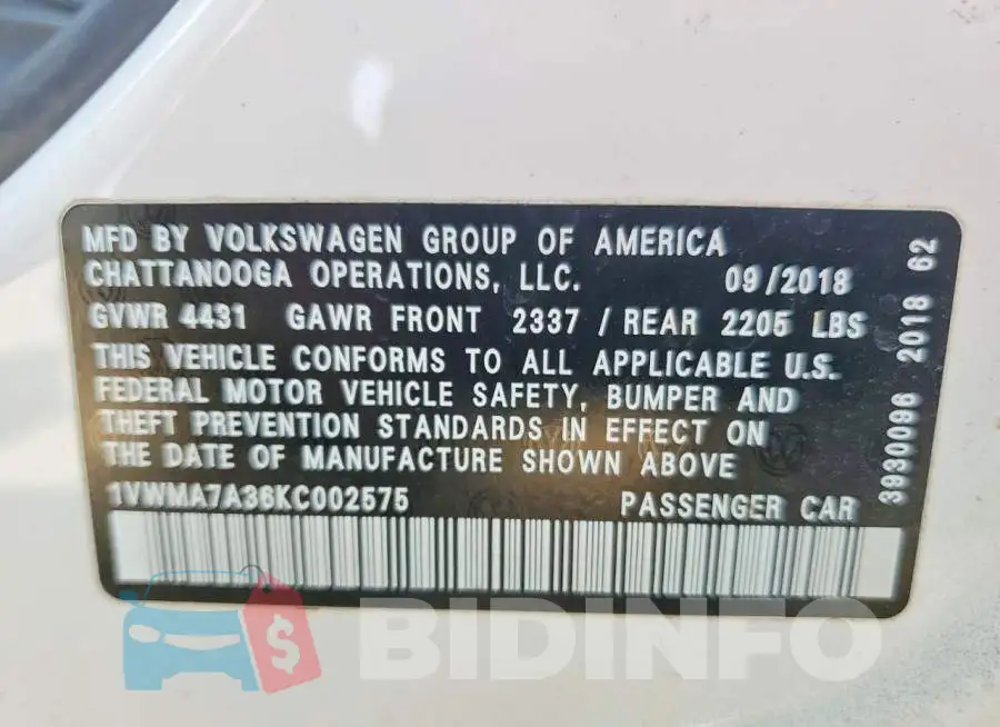 1VWMA7A36KC002575 Photo# 12
