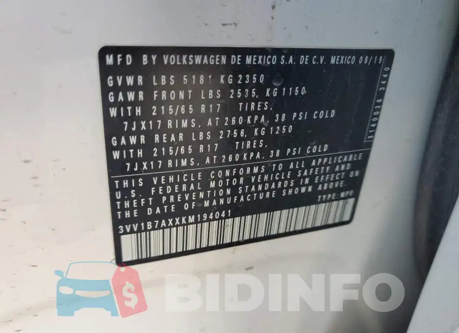 3VV1B7AXXKM194041 Photo# 12