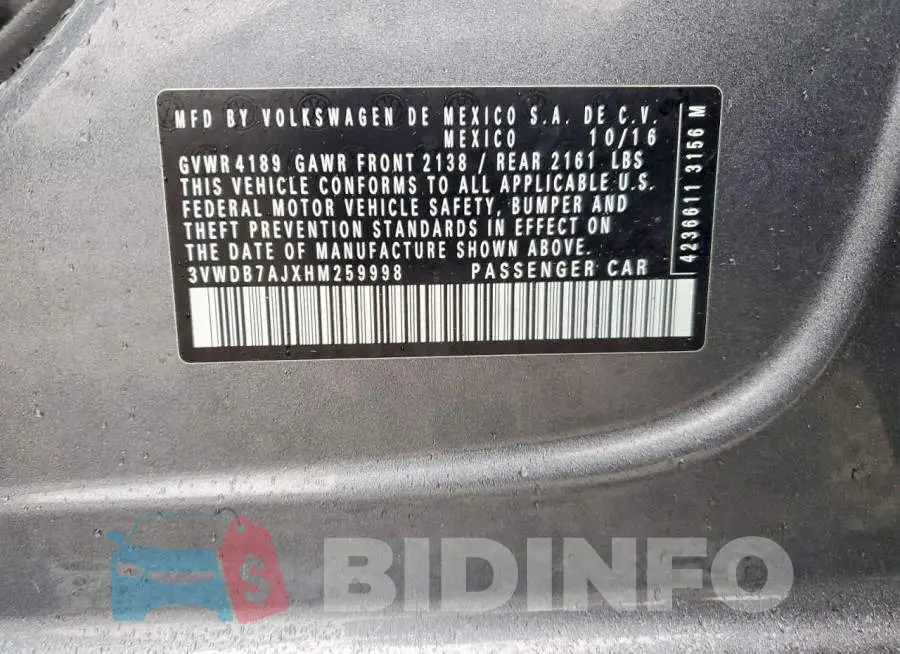 3VWDB7AJXHM259998 Photo# 12