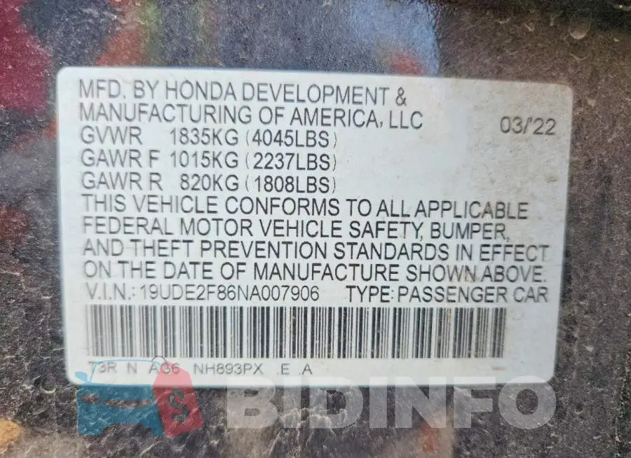 19UDE2F86NA007906 Photo# 12