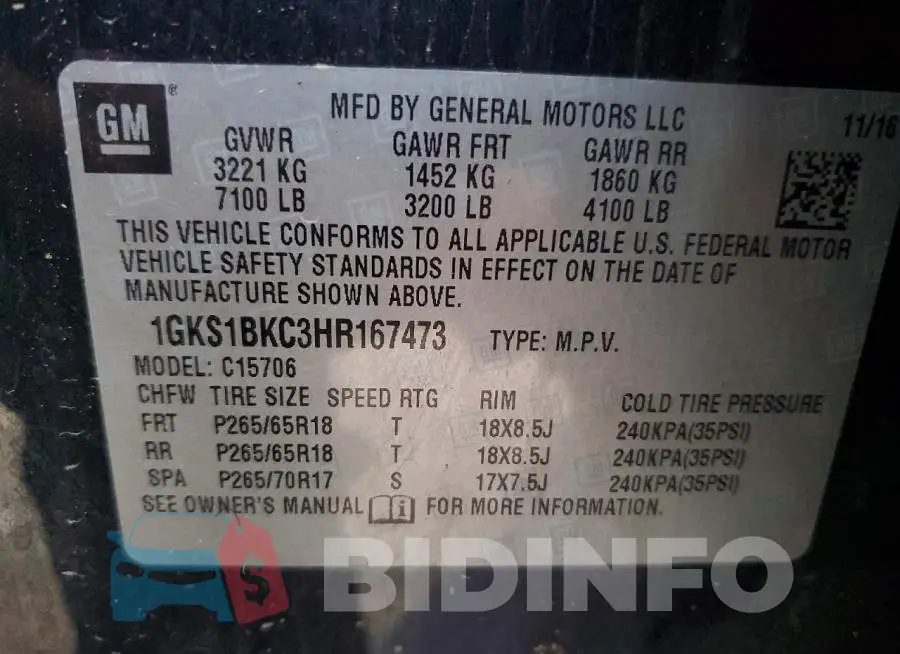 1GKS1BKC3HR167473 Photo# 13