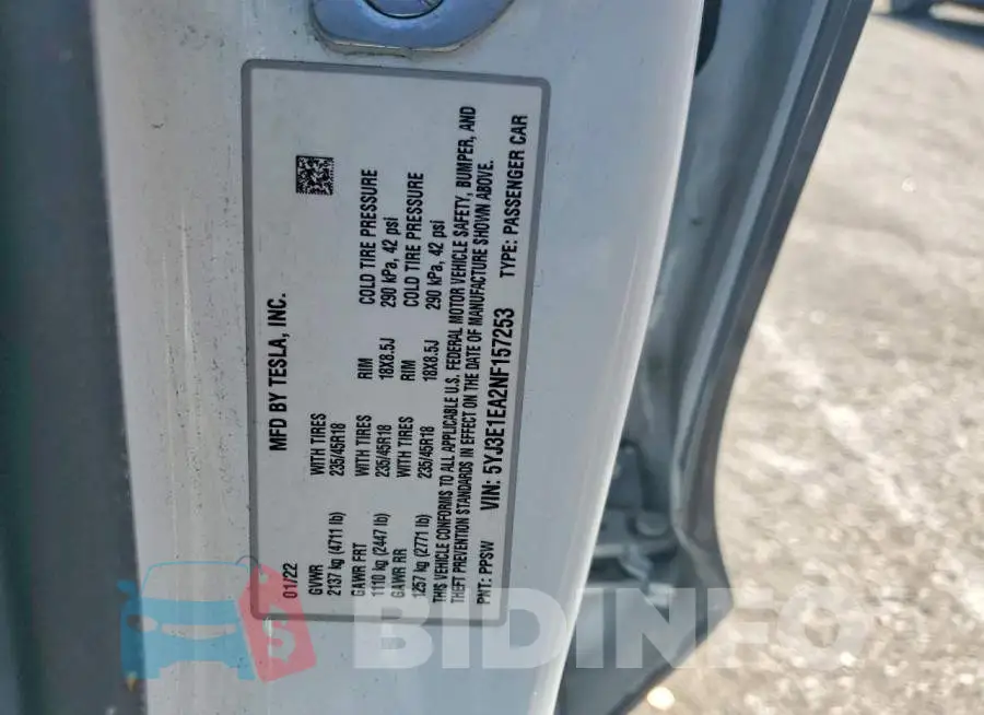 5YJ3E1EA2NF157253 Photo# 12