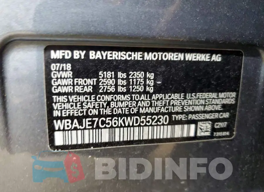 WBAJE7C56KWD55230 Photo# 12