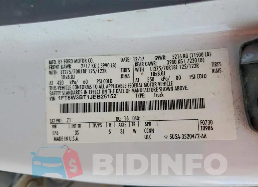 1FT8W3BT1JEB25152 Photo# 12